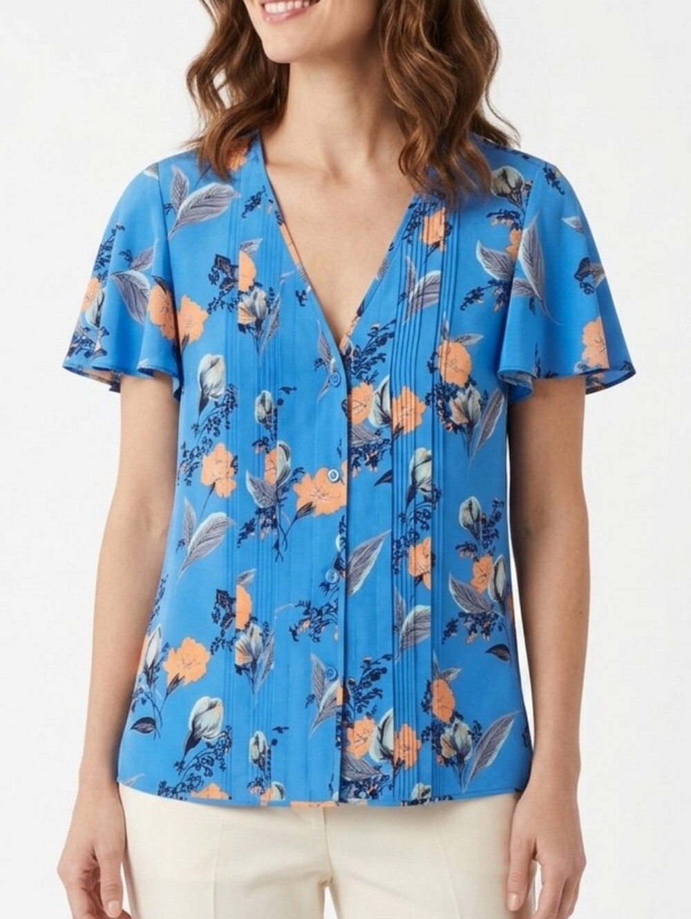 DIANE VON FURSTENBERG Floral Silk Blouse Blue Orange Pintuck V-Neck Flutter Sz 8